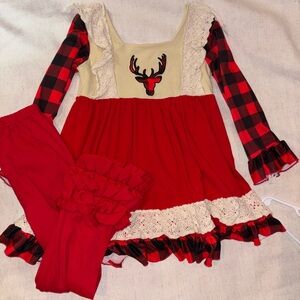 Red and Black Plaid Dress with Reindeer Design